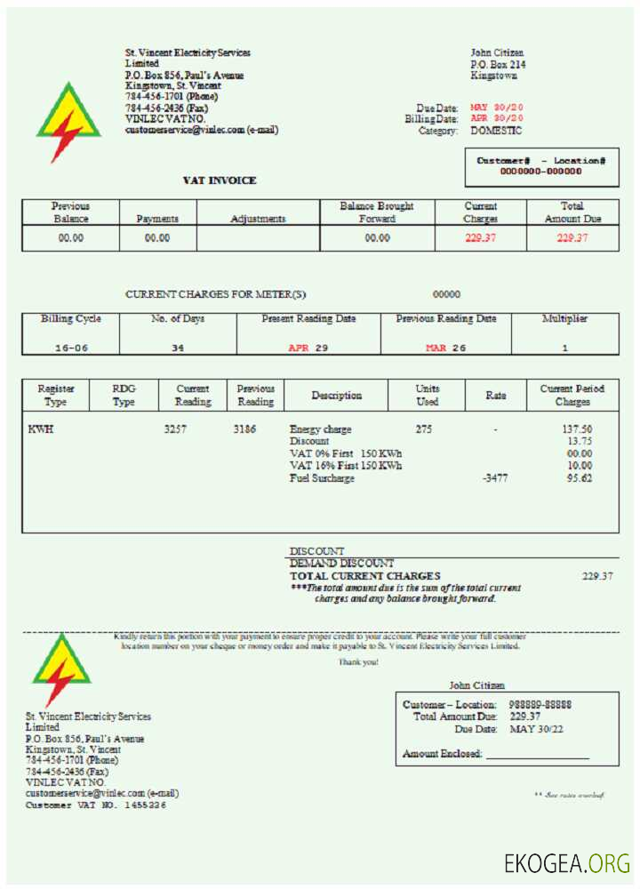 Saint Vincent and the Grenadines St. Vincent Electricity Services Limited utility bill Word and PDF template